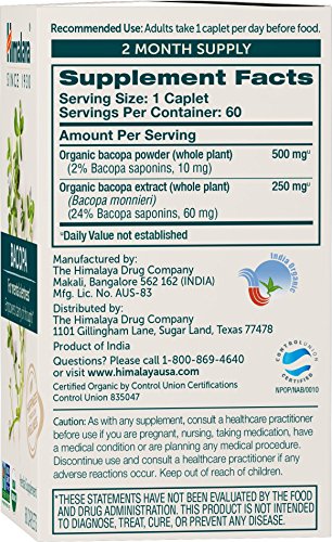 Himalaya Organic Bacopa, 60 Caplets, Helps to Support Memory, USDA Certified Organic, Non-GMO, Gluten Free Supplement, 750 mg, 2 Month Supply