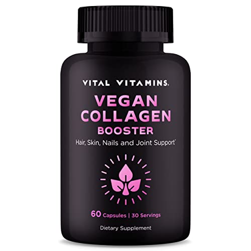 Vital Vitamins Vegan Collagen Booster – w/Hyaluronic Acid – Supports Hair, Skin, Nails, & Joints – Vegan Blend w/ 30+ Plant-Based Ingredients – Collagen Supplements for Women & Men – 60 Capsules