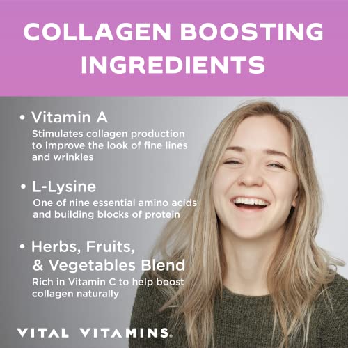 Vital Vitamins Vegan Collagen Booster – w/Hyaluronic Acid – Supports Hair, Skin, Nails, & Joints – Vegan Blend w/ 30+ Plant-Based Ingredients – Collagen Supplements for Women & Men – 60 Capsules