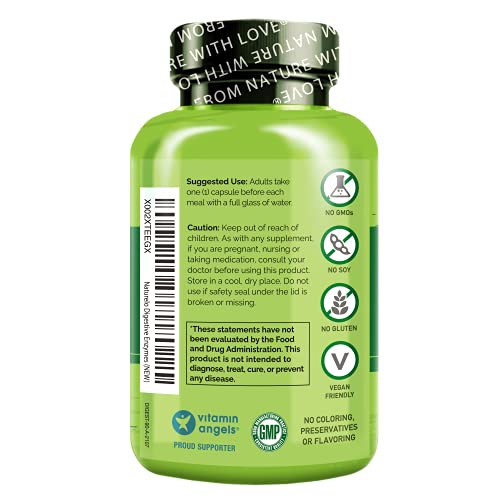 NATURELO Digestive Enzymes - Full Spectrum Support with a Broad Blend of 15 Enzymes Plus Ginger - 180 Vegan Capsules