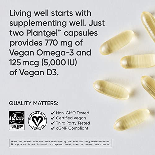 Sports Research Vegan Omega-3 with Vitamin D3 Softgels - 630mg EPA+DHA & 125mcg D3 Supplement - Fish Oil Alternative w/Vitamin D - Plant-Based Support from Algae Oil - 60 Veggie Capsules for Adults