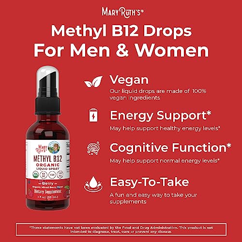 Vitamin B12 Spray | USDA Organic Vitamin B12 Liquid Supplement for Nerve Function, Energy Support | Vegan | Non-GMO | Gluten Free | 1 Fl Oz