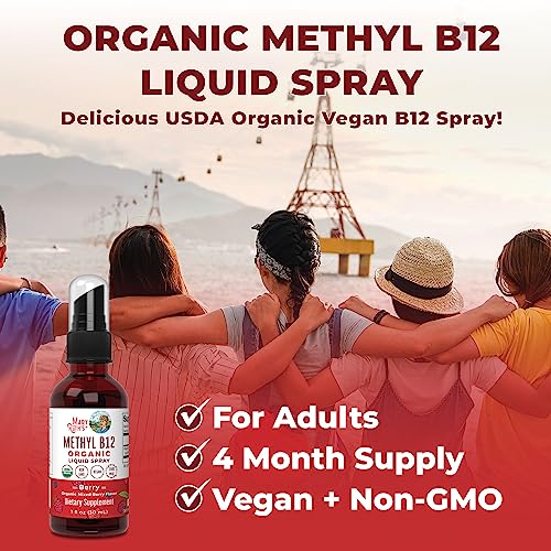 Vitamin B12 Spray | USDA Organic Vitamin B12 Liquid Supplement for Nerve Function, Energy Support | Vegan | Non-GMO | Gluten Free | 1 Fl Oz
