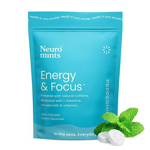 Neuro Mints Nootropic Energy Caffeine Mints 40mg Caffeine + 60mg L-theanine + B Vitamins for Energy & Focus | Sugar-Free + Vegan + Keto Caffeine Supplement for Adults Mint Flavor (180 Mints Bulk Bag)