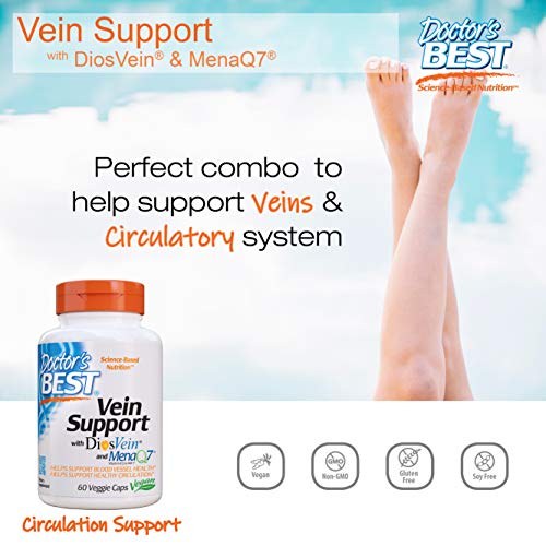 Doctor's Best Vein Support with Diosvein & Menaq7, Circulation for Healthy Legs, Non-GMO, Gluten & Soy Free, Vegan, 60 Count