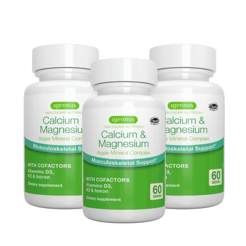 High Absorption Algae Calcium & Magnesium Supplement, Plant Based, K2 & D3, Non-GMO Red Algae Mineral Complex for Bone & Teeth Support, with Boron, Vegan, 3 x 60 Tablets, by Igennus