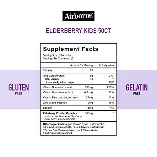 Airborne Adult & Kid Elderberry + Zinc & Vitamin C Gummies, Immune Support Zinc Gummies with Powerful Antioxidants VIT C D & E - (2x50ct Bottles), Delicious Elderberry Flavor