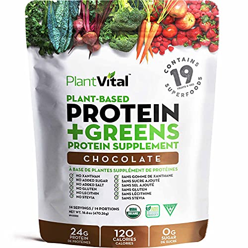 PlantVital Vegan Protein Powder Plant Based, Organic Protein Powder Chocolate, 24g/0g sugar, 18 Superfoods, Veggies, Probiotics, Raw Cocoa, Kale, Beets, Spirulina, Pea, Gluten-Free, Keto-Friendly,16oz