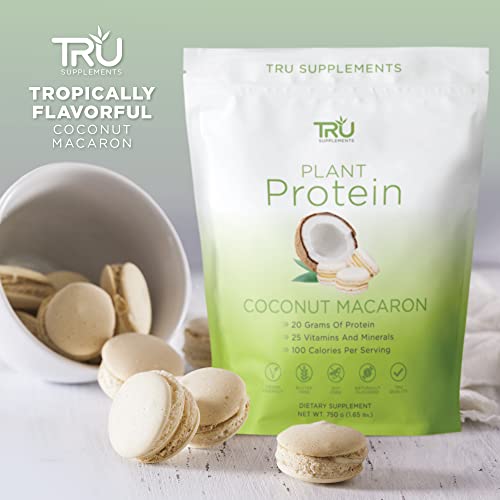 TRU Plant Based Protein Powder, BCAA, EAA, 20g Vegan Protein, 100 Calories, 27 Vitamins, No Artificial Sweeteners 25 Servings (Coconut Macaron)