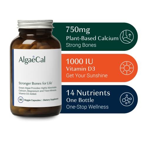 ALGAECAL - Plant Based Calcium Supplement with Vitamin D3 (1000 IU) for Bone Strength, Contains 13 Trace Minerals Supporting Bone Health, Organic Calcium for Women & Men, 3 Month Supply