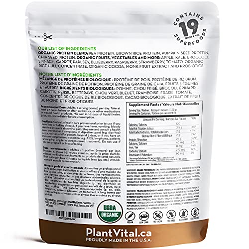 PlantVital Vegan Protein Powder Plant Based, Organic Protein Powder Chocolate, 24g/0g sugar, 18 Superfoods, Veggies, Probiotics, Raw Cocoa, Kale, Beets, Spirulina, Pea, Gluten-Free, Keto-Friendly,16oz