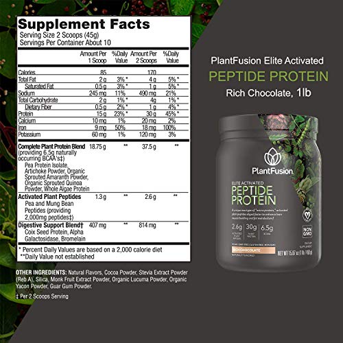 PlantFusion Elite Activated Peptide Sport Vegan Protein Powder - 30g Premium Plant Based Protein, 6.5g BCAAs - Keto, Gluten Free, Soy Free, Non-Dairy, No Sugar, Non-GMO - Rich Chocolate 1 lb