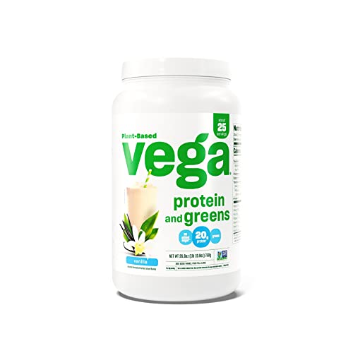 Vega Protein and Greens Vegan Protein Powder Vanilla (25 Servings) - 20g Plant Based Protein Plus Veggies, Vegan, Non GMO, Pea Protein for Women and Men, 1.7lb (Packaging May Vary)