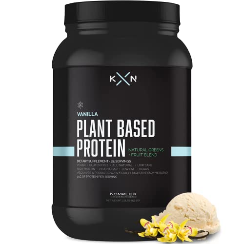 KompleX Nutrition Plant Based Protein Powder (25 Servings) - Vanilla Flavored Natural, Vegan, Zero Sugar, Low Fat, Non GMO Dietary Supplement Made from 29 Natural Greens & Fruits