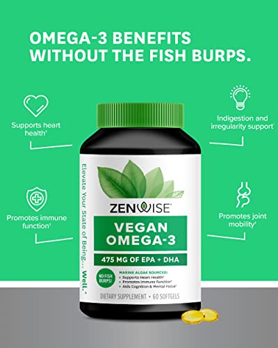 Zenwise Vegan Omega-3 Plant Based Fish Oil Alternative Marine Algal Source for EPA and DHA Fatty Acids - Burpless Supplement for Brain Health, Joint Support, Immune System, Heart & Skin - 60 ct