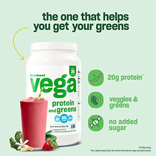 Vega Protein and Greens Vegan Protein Powder Vanilla (20 Servings) - 20g Plant Based Protein Plus Veggies, Vegan, Non GMO, Pea Protein for Women and Men, 1.4lb (Packaging May Vary)