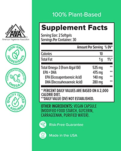 Zenwise Vegan Omega-3 Plant Based Fish Oil Alternative Marine Algal Source for EPA and DHA Fatty Acids - Burpless Supplement for Brain Health, Joint Support, Immune System, Heart & Skin - 60 ct