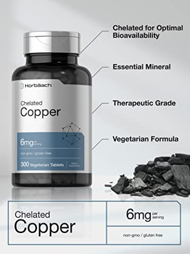 Chelated Copper Supplement 6mg | 300 Tablets | Essential Trace Mineral | Vegetarian, Non-GMO, Gluten Free | by Horbaach