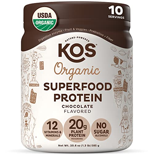 KOS Vegan Protein Powder, Chocolate USDA Organic - Low Carb Pea Protein Blend, Plant Based Superfood with Vitamins & Minerals - Keto, Soy, Gluten Free - Meal Replacement for Women & Men - 10 Servings