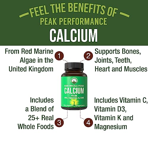 Peak Performance Raw Whole Food Vegan Calcium Supplement Plant Based Calcium with Vitamin C, D3, K, Magnesium. Capsules for Bone, Joints. 120 Pills, Tablets