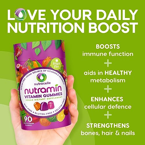 NUTRAMIN Daily Vegan Keto Multivitamin Gummies Vitamin C, D2, and Zinc for Immunity, Plant-Based, Sugar-Free, Nut-Free, Gluten-Free, with Biotin, Vitamin A, B, B6, B12 & More 90 Count, 45 Day Supply