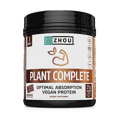 Zhou Nutrition Plant Based Vegan Protein Powder, Best Absorption & Digest Score, Complete Amino Acid Profile, Dairy Free, Soy Free, Gluten Free, Sugar Free, Chocolate, 21g Protein/Scoop - 16 Servings
