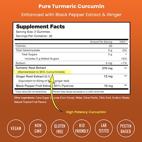 Turmeric Gummies for Adults & Kids with Ginger & Black Pepper Extract | 95% Curcuminoids | Vegan Natural Curcumin Joint Support Supplement | Tumeric Gummy Supplements