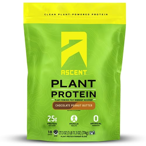 Ascent Plant Based Protein Powder - Non Dairy Vegan Protein, Zero Artificial Flavors & Sweeteners, Gluten Free, No Added Sugar,  4g BCAA, 2g Leucine - Chocolate Peanut Butter, 18 Servings