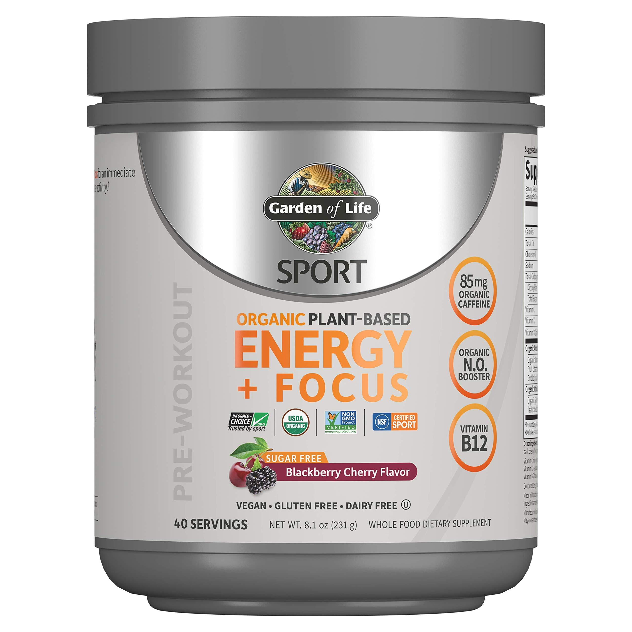 Garden of Life Sport Organic Plant-Based Energy + Focus Vegan Clean Pre Workout Powder, Sugar & Gluten Free BlackBerry Cherry with 85mg Caffeine, Natural NO Booster, B12, 40 Servings, 8.14 Oz