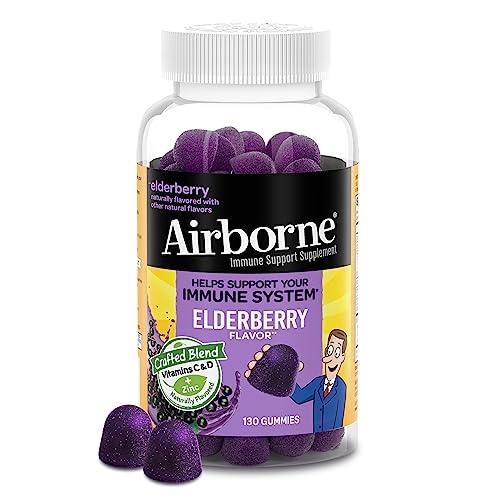 Airborne Elderberry + Zinc & Vitamin C Gummies For Adults, Immune Support Vitamin D & Zinc Gummies with Powerful Antioxidant Vitamins C D & E - 130 Gummies, Elderberry Flavor