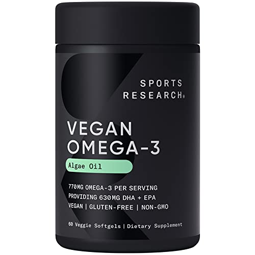Sports Research Vegan Omega-3 Fish Oil Alternative from Algae Oil - Highest Levels of Vegan DHA & EPA Fatty Acids | Non-GMO Verified & Vegan Certified - 60 Veggie Softgels (Carrageenan Free)