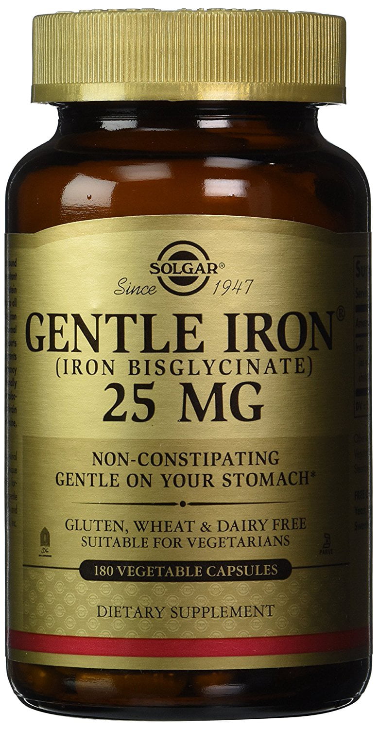 Solgar Gentle Iron (Iron Bisglycinate) 25 mg - 180 Vegetable Capsules - Non-Constipating, Gentle on Your Stomach - Non-GMO, Gluten Free - 180 Servings