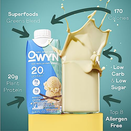 OWYN 20g Protein Shake, Chia Flax and Pea vegan protein blend with Prebiotics, Superfood Greens, gluten free, soy free. (Smooth Vanilla, 12 Pack)