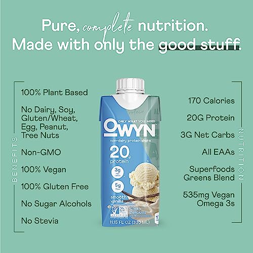 OWYN 20g Protein Shake, Chia Flax and Pea vegan protein blend with Prebiotics, Superfood Greens, gluten free, soy free. (Smooth Vanilla, 12 Pack)