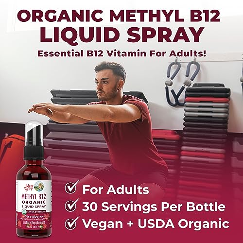Vitamin B 12 Spray | USDA Organic Liquid B12 Spray for Nerve Function & Energy Boost | Sugar Free | Non-GMO, Vegan, Gluten Free | Strawberry | 1 Fl Oz (Pack of 1)