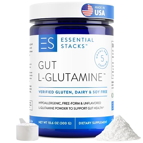 Essential Stacks Gut L-Glutamine Powder - Made in USA - Pure L Glutamine Powder for Leaky Gut, Bloating & Gut Health - Dairy, Soy & Gluten Free, Non-GMO, Vegan Glutamine Supplement