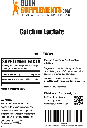 BulkSupplements.com Calcium Lactate Powder - Calcium Lactate Supplement - Calcium Powder - Calcium Lactate Food Grade - Vegan Calcium - 1500mg (195mg Calcium) per Serving (5 Kilograms - 11 lbs)
