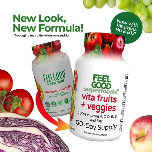 FeelGood Superfoods Vita Fruits and Veggies Dietary Supplement Capsules Made from 25 Superfood Ingredients, Fruit and Vegetable Multivitamin, 60 Count