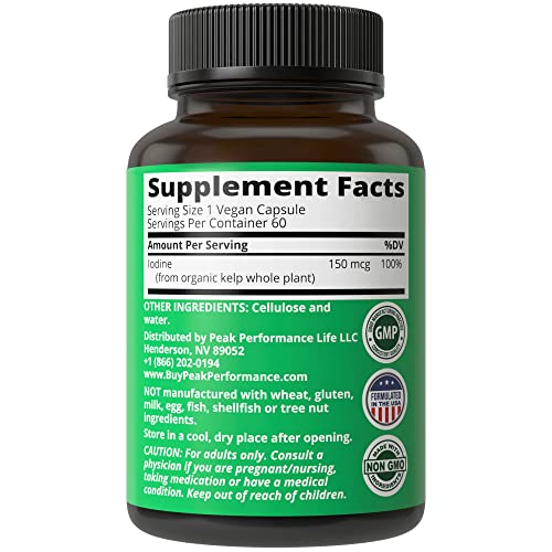 Raw Whole Food Iodine Supplement from Kelp (Ascophyllum Nodosum) by Peak Performance. Thyroid Support Supplement Potassium Iodide Tablets. Metabolism, Energy, and Immune Booster. 60 Vegan Capsules