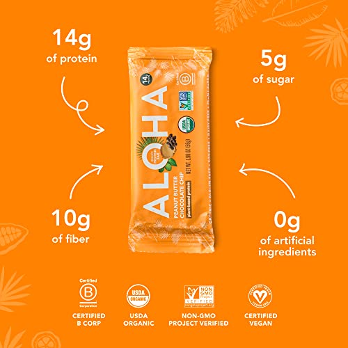 ALOHA Organic Plant Based Protein Bars |Peanut Butter Chocolate Chip | 12 Count, 1.98oz Bars | Vegan, Low Sugar, Gluten Free, Paleo, Low Carb, Non-GMO, Stevia Free, Soy Free, No Sugar Alcohol Sweeteners