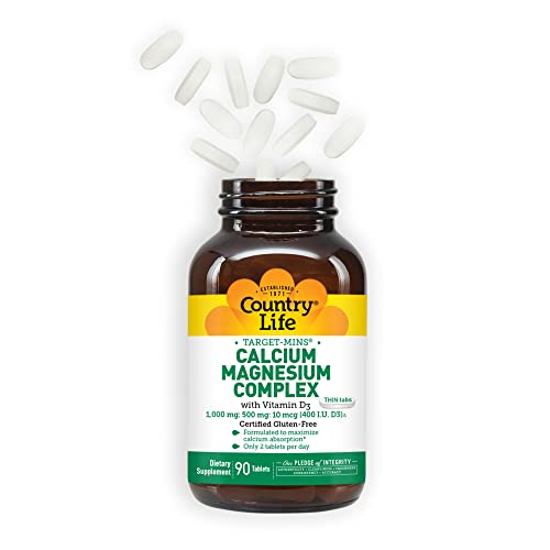 Country Life Target-Mins Calcium Magnesium with Vitamin D-Complex, 1000mg/500mg/10mcg, Certified Gluten Free, Certified Vegan, Verified Non-GMO Verified