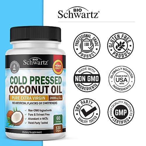 Coconut Oil Capsules 2000mg - Organic Pure Extra Virgin Unrefined Cold Pressed MCT Rich & Non-GMO for Healthy Skin Nails Hair Growth Support Bloating Anti Aging Digestion - 120ct (2 Month Supply)