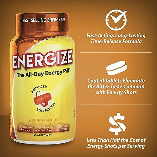 iSatori Energize Brain and Focus Caffeine Pills - Brain Booster and Focus Supplement - Improved Alertness and Clarity + Fast Acting Energy Pill - All Day Energy, No Jitters, No Crash (60 Tablets)