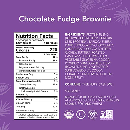 ALOHA Organic Plant Based Protein Bars | Chocolate Fudge Brownie | 12 Count, 1.98oz Bars | Vegan, Low Sugar, Gluten Free, Paleo, Low Carb, Non-GMO, Stevia Free, Soy Free, No Sugar Alcohols