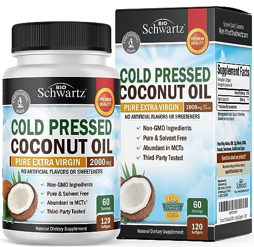 Coconut Oil Capsules 2000mg - Organic Pure Extra Virgin Unrefined Cold Pressed MCT Rich & Non-GMO for Healthy Skin Nails Hair Growth Support Bloating Anti Aging Digestion - 120ct (2 Month Supply)