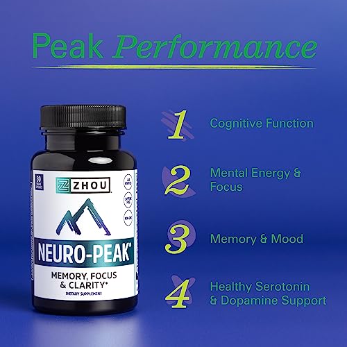 Zhou Neuro Peak Brain Support Supplement | Memory, Focus & Clarity Formula | DMAE, Rhodiola Rosea, Bacopa Monnieri, Ginkgo Biloba & More | 30 VegCaps