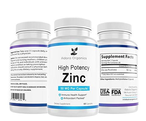 Adora Organics Zinc High Potency, No GMO, Vitamins for Good Skin, Immune Support Supplement & Antioxidant, Vegan, 50mg Per Servings, 60 Capsules, Unflavoured