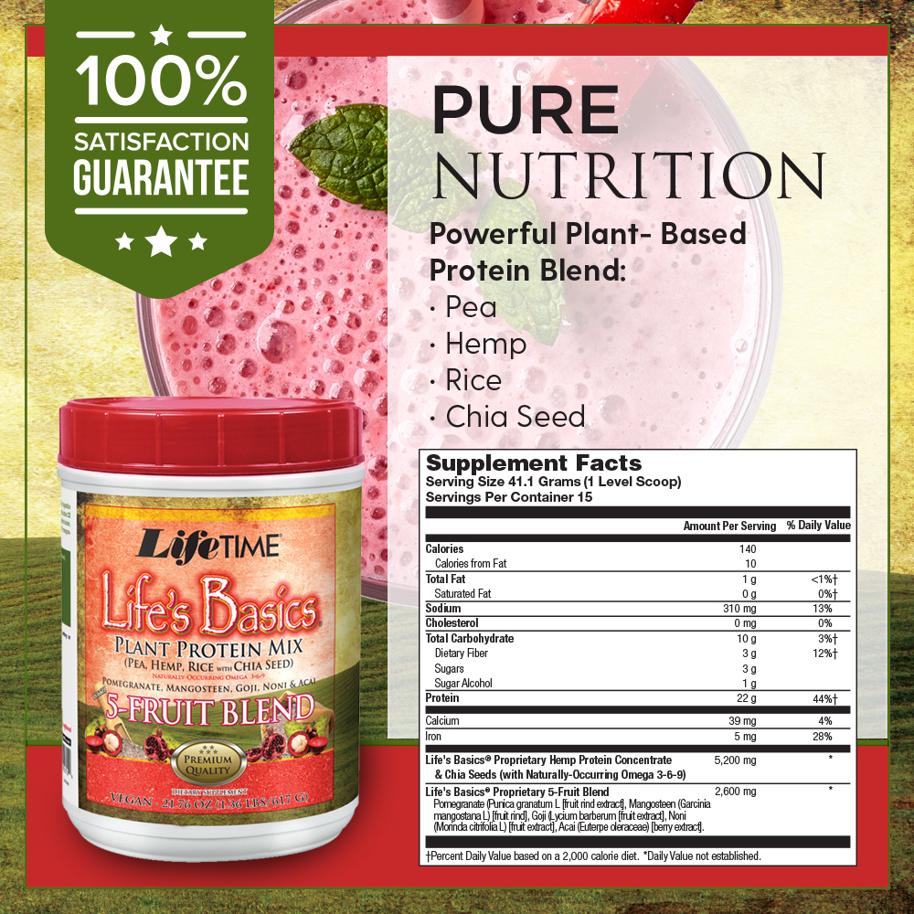 Lifetime Plant Based Protein Powder | Fruit Blend - Pomegranate, Mangosteen, Goji, Noni, Acai | No Gluten, Non-GMO, No Artificial Flavors | 1.36lb