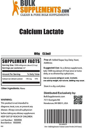 BulkSupplements.com Calcium Lactate Powder - Calcium Lactate Supplement - Calcium Powder - Calcium Lactate Food Grade - Vegan Calcium - 1500mg (195mg Calcium) per Serving (100 Grams - 3.5 oz)