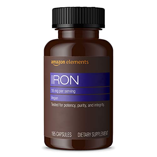 Amazon Elements Iron 18mg Capsules, Supports Red Blood Cell Production, Vegan, 195 Count, 6 month supply (Packaging may vary)